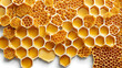 Golden background from honeycombs isolated on a white background. Close up, 3D rendering
