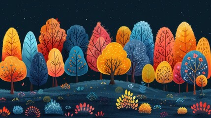 Sticker - Colorful forest doodle background. Hand drawn doodle illustrations in cartoon style