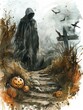 Spooky Halloween Night Illustrated in HighDetail Watercolor Graphic
