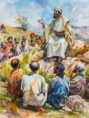Wall Mural - Spiritual Leader Delivering Sermon to Devoted Followers in Scenic Mountain Landscape