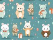Seamless pattern of animals celebrating, each with a present, for kids  party decor ,  childlike drawing
