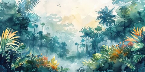 Wall Mural - Painting of a jungle landscape. Watercolor pattern wallpaper, Generative AI