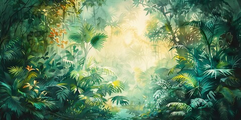 Wall Mural - Watercolor pattern wallpaper. Painting of a jungle landscape, Generative AI