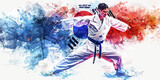South Korean Flag with a Taekwondo Master and a Technology Innovator - Picture the South Korean flag with a Taekwondo master representing Korean martial arts and a technology innovator 