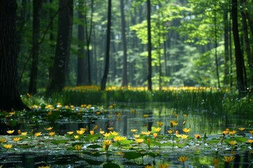 Wall Mural - Mystical pond in the middle of the dense forest