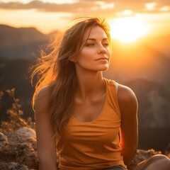 Poster - b'Young woman sitting on a rock and looking at the sunset'