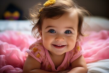 b'An adorable baby girl with blue eyes and curly hair is smiling at the camera'