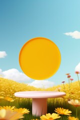 Wall Mural - b'Pink and yellow flowers field with a floating yellow disk'