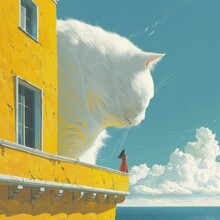 B'A Giant White Cat Overlooks A Woman Standing On A Balcony'
