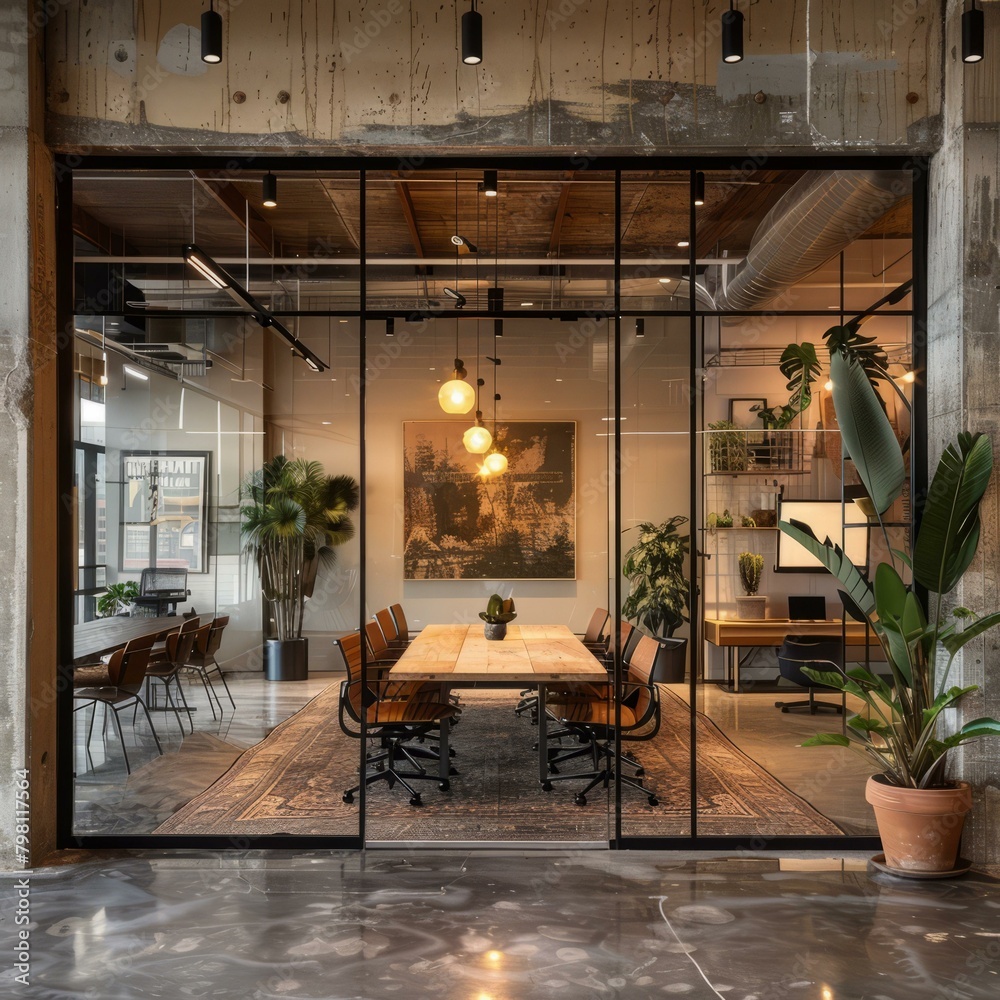 b'Modern office interior with glass walls and wooden conference table ...