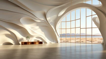 b'Futuristic interior space with large windows and curved walls'