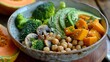 © IHOR - Plant food concept. Vegan vegetable salad. Lunch with avocado, mushrooms, broccoli, spinach, chickpeas, pumpkin.