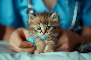 Adorable Kitten Receiving Care from Veterinarian with Stethoscope