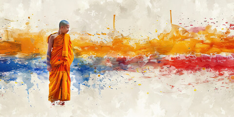 Thai Flag with a Buddhist Monk and a Tour Guide - Visualize the Thai flag with a Buddhist monk representing Thailand's predominant religion and culture, and a tour guide