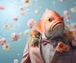 Creative animal concept. Fish in smart suit, surrounded in a surreal garden full of blossom flowers floral landscape. advertisement commercial editorial banner card	
