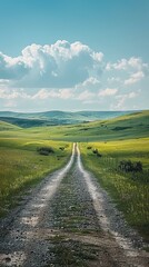 Canvas Print - b'Country road through a lush green field'