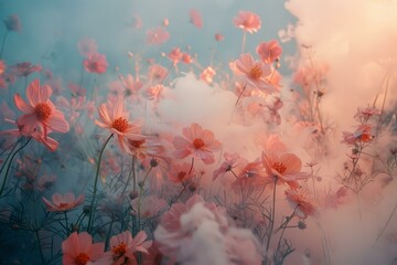 Canvas Print - b'ethereal flower field with soft pastel colors and a dreamy atmosphere'