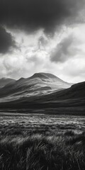 Sticker - b'Black and white photo of a mountain landscape'