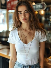 Poster - b'Stunning young woman with blue eyes and freckles wearing a white shirt'