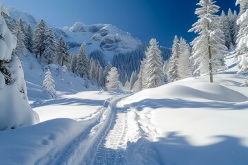 Canvas Print - b'A snow-covered forest with a path leading through it'