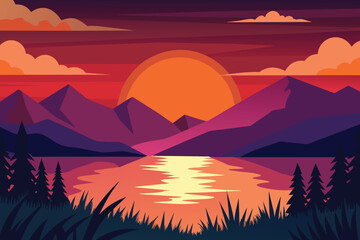 Dramatic sunset at lake with grass and mountains vector