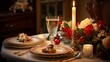 © duyina1990 - b'A romantic dinner table with a candle, flowers, and wine'