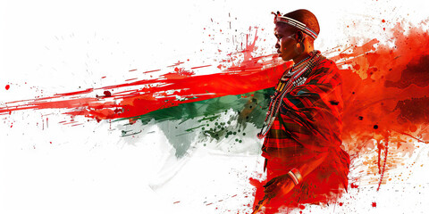 The Kenyan Flag with a Maasai Warrior and a Safari Guide - Visualize the Kenyan flag with a Maasai warrior representing Kenya's indigenous culture and a safari guide symbolizing the country's wildlife