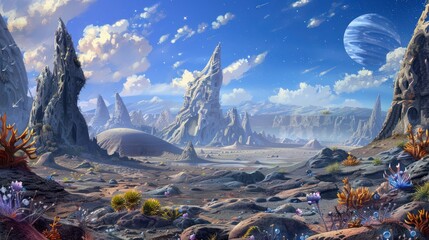 Rocky desert landscape, Illustration sci fi fantasy world planet surface.