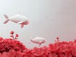 A pod of cartoon dolphins swims over a field of red flowers. The dolphins are white and the flowers are red. The background is a very light pink.