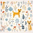 Flat graphic canine and botanical pattern, childlike simple drawings, white repeating background ,  vector