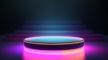 Modern Round Empty Platform Podium Stand For Product Presentation Scene With Glowing Neon Lighting. Futuristic Empty Stage Mockup On Rainbow Flare Background With Colorful Streaks Of Light.
