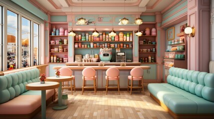 Wall Mural - b'Retro 50s Diner Interior With Pink and Blue Pastel Colors'