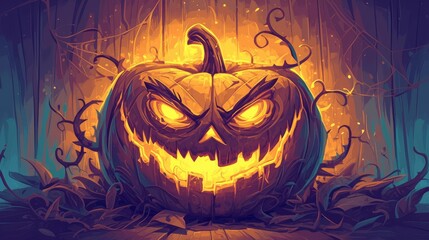 Wall Mural - Enhance your web games and graphic design projects with a captivating 2d color illustration featuring a cartoon Halloween pumpkin with a whimsical face set against a dark and shabby backgro