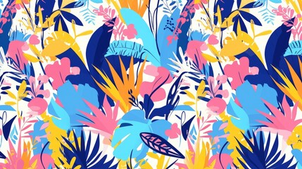 Poster - A vibrant and contemporary pattern featuring a modern exotic floral jungle design created in a playful hand drawn cartoon style