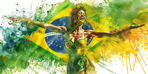 The Brazilian Flag with a Carnival Dancer and a Coffee Farmer - Picture the Brazilian flag with a carnival dancer representing Brazil's vibrant culture and a coffee farmer symbolizing the country