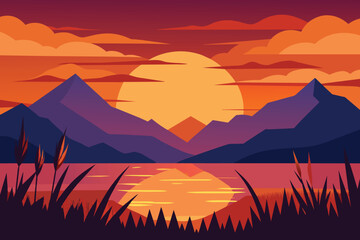 Wall Mural - Dramatic sunset at lake with grass and mountains vector