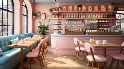 Sticker - b'Pink and blue pastel color scheme cafe interior design'