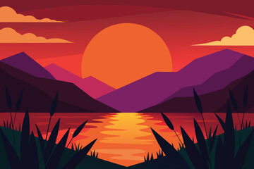 Dramatic sunset at lake with grass and mountains vector