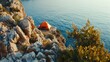 Orange tourist tent on the edge of a cliff by the sea. Travel and tourism. AI generative.