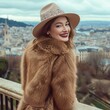 b'Elegant woman in a fur coat and hat smiling over Paris cityscape'
