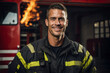 A firefighter in a firefighter's uniform. against the background of the fire station..Portrait.Smiling.