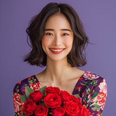 Wall Mural - b'A photo of a young woman with a beautiful smile and a bouquet of red roses.'