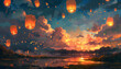 Under the vast canvas of the morning sky, lanterns cast a warm and enchanting glow, painting the sky with flickers of light