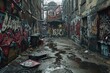 © Ева Поликарпова - A grimy alley with colorful graffiti, suitable for urban-themed designs