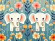Seamless pattern, floral decorated elephants, cute vectors, simple lines, EPS format ,  vector