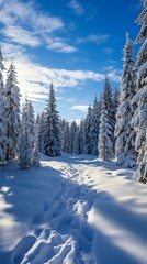 Wall Mural - b'Footprints in the snow lead through a dense winter forest'