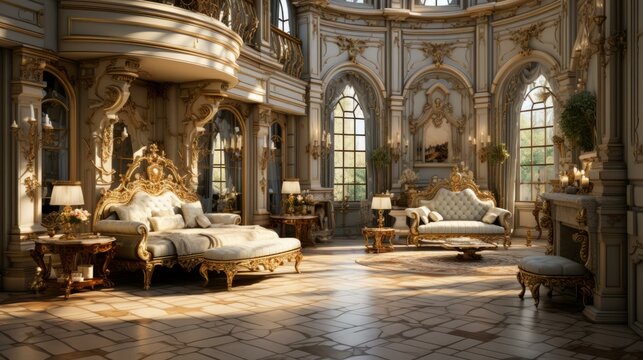 b'ornate opulent luxury interior of a French style palace with a bedroom and sitting area'