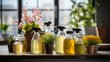 b'DIY all-purpose cleaner in amber glass spray bottles'