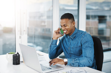 Aufkleber - Phone call, business and black man with laptop at desk for conversation, networking or negotiating deal. Lens flare, Cellphone and happy consultant for discussion, talking or feedback on project