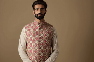 Poster - a handsome men standing in front of flat beige background wearing Block Print nehru jacket